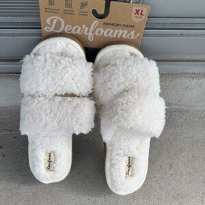 DEARFOAMS COZY COMFORT TEDDY PILE OPEN TOE SCUFF MEMORY FOAM SLIPPERS OFF-WHITE